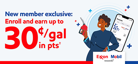 Woman holding gas pump nozzle next to phone displaying Exxon Mobil Rewards+ app. New member exclusive: Enroll and earn up to 30¢/gal in points†