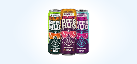 3 Beer Hug cans in a row, with Big Mango, Big Juicy, and Tropical flavors from left to right.