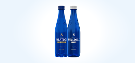 One 16-ounce bottle of Saratoga® Sparkling Water next to one 16-ounce bottle of Saratoga® Still Water