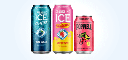 Sparkling Ice Caffeine blue raspberry can, Sparkling Ice strawberry Starburst can and a Popwell cherry citrus can. Club Card: Earn 200 points. Buy 4 Mix & Match Sparkling Ice Caffeine, Starburst and/or Popwell.