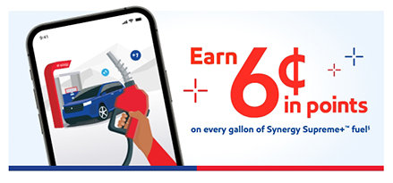 Earn 6¢ in points on every gallon of Synergy Supreme+™ fuel with phone showing blue car at the fuel pump and a hand holding a red gas nozzle.