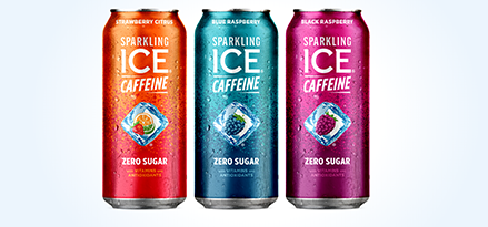 3 Sparkling Ice® +Caffeine cans in Strawberry Citrus, Tropical Punch and Black Raspberry. 