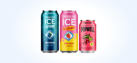 Sparkling Ice® Blue Raspberry, Sparkling Ice® STARBURST™ Strawberry and Popwell™ Cherry Citrus cans in a row. Club Card: Earn 100 points. Buy 2 Mix & Match Sparkling Ice® Caffeine, STARBURST™ and/or Popwell™.