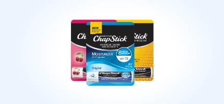 ChapStick® moisturizer package in front of a ChapStick® cherry package and a ChapStick® honey package. Earn 100 points. Buy 2 0.15-oz. ChapStick® lip balm tubes.